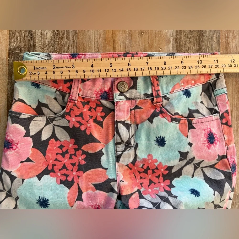 Gymboree Girls Stretch Jeans Size 8 Adjustable Waistband, Coral & Aqua Floral